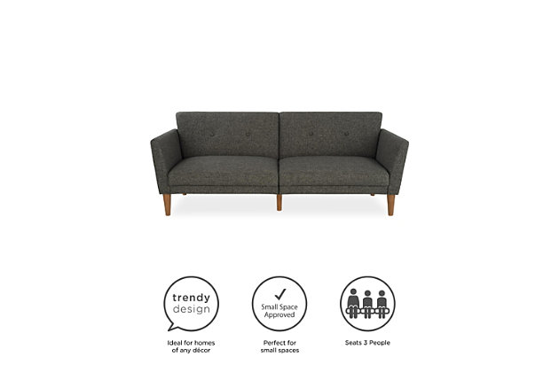 The 1950s are back in a big way, and living rooms across the country are being given a modern twist on the mid-century look that made straight lines and low profiles so popular. The Novogratz futon captures all that and more, with grey linen upholstery, a tufted back, wide winged arms, sleek style, and a wood frame that offers full support. The wood legs round off the look, with extra center legs that provide extra stability. You can also personalize your comfort level thanks to the split back, which allows you and a guest to each sit up or lounge back. Or simply open the Novogratz up into a sleeper sofa for overnight guests to spend the night. We’ve also added padding under the feet to protect your floors. Just add the Novogratz ottoman to really complete the look!Linen upholstery with tufted back and winged arms | Sturdy wood frame with stylish wood legs and padding under the feet to protect your floors from scuffs and scratches | Multi-functional piece ideal for small living spaces. Split back design provides multiple positions of comfort | Converts quickly and easily into a lounger and sleeper