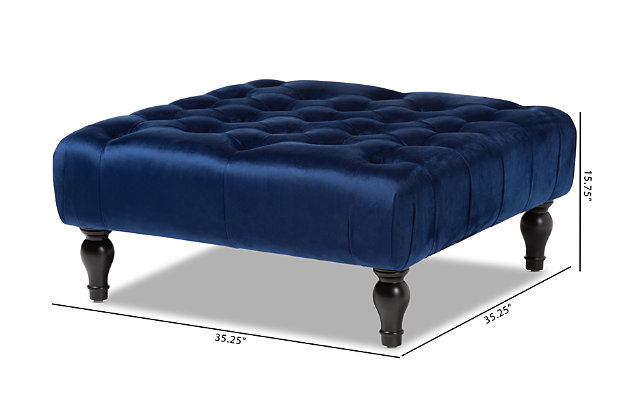 This ottoman complements your sense of style in a cool, contemporary way. A versatile accent piece, the ottoman doubles as a footrest or impromptu coffee table as the need arises. Upholstered in rich velvet with button tufted accents, the elegantly turned legs add classic appeal.Eucalyptus wood frame | Royal blue polyester velvet upholstery | Button tufted | Turned legs with non-marking feet | No assembly required