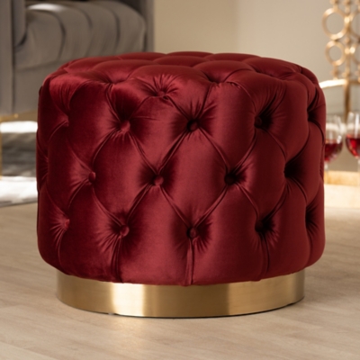 Baxton Studio Glam Gold-Finished Button Tufted Ottoman, Red, large
