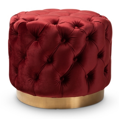 Baxton Studio Glam Gold-Finished Button Tufted Ottoman, Red, large