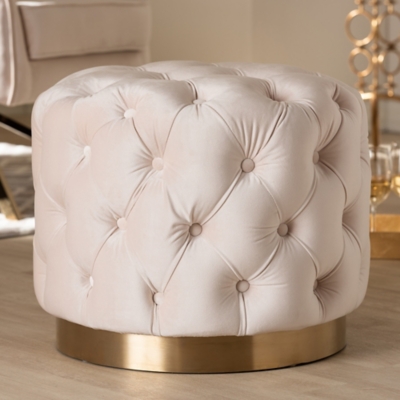 Baxton Studio Glam Gold-Finished Button Tufted Ottoman, Beige, large