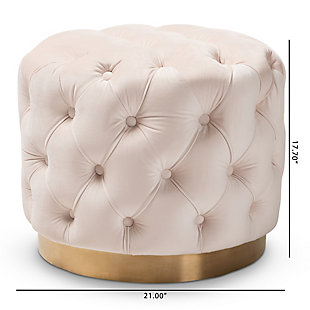 This modern and glamourous ottoman has luxury written all over it. From the plush cushion padded with foam and upholstered in a rich, soft to the touch velvet fabric, to the brushed goldtone finish on the base. The all-over button tufting highlights the subtle sheen of the velvet creating a decadently cool and comfortable appeal as a footstool or extra seating in your home.Engineered wood and stainless-steel frame | Light beige polyester velvet upholstery | Button tufted | Brushed goldtone metal base | No assembly required
