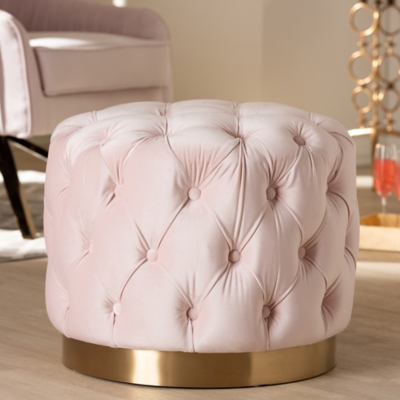 Baxton Studio Glam Gold-Finished Button Tufted Ottoman, Blush, rollover