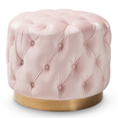 Baxton Studio Glam Gold-Finished Button Tufted Ottoman, Blush, large