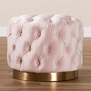 This modern and glamourous ottoman has luxury written all over it. From the plush cushion padded with foam and upholstered in a rich, soft to the touch velvet fabric, to the brushed goldtone finish on the base. The all-over button tufting highlights the subtle sheen of the velvet creating a decadently cool and comfortable appeal as a footstool or extra seating in your home.Engineered wood and stainless-steel frame | Light pink polyester velvet upholstery | Button tufted | Brushed goldtone metal base | No assembly required