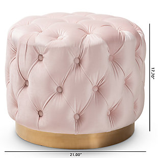This modern and glamourous ottoman has luxury written all over it. From the plush cushion padded with foam and upholstered in a rich, soft to the touch velvet fabric, to the brushed goldtone finish on the base. The all-over button tufting highlights the subtle sheen of the velvet creating a decadently cool and comfortable appeal as a footstool or extra seating in your home.Engineered wood and stainless-steel frame | Light pink polyester velvet upholstery | Button tufted | Brushed goldtone metal base | No assembly required