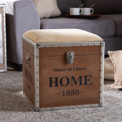 Baxton Studio Vintage Upholstered Wood Storage Trunk Ottoman, Beige, rollover