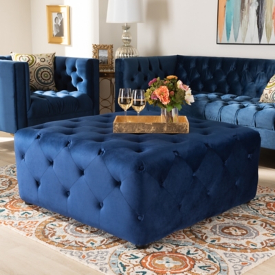 Baxton Studio Modern Button-Tufted Cocktail Ottoman, Blue, rollover