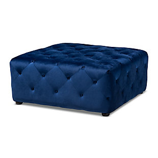Raise your standard of living with this ottoman upholstered in a soft, sumptuous velvet fabric. Reserved exclusively for those with a penchant for high-glam home decor, this ultra-chic ottoman is dressed to impress with all over button tufting that simply works. Easy-on-the-eyes and alluring to the touch, this decidedly elegant and versatile ottoman can be used as a coffee table, footstool or as extra seating for guests.Eucalyptus wood frame | Royal blue polyester velvet upholstery with button tufting | Black finished feet | No assembly required