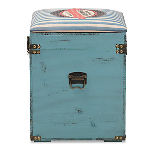 Give your space a dose of shabby chic charm with this storage ottoman. The seat, upholstered in a sweet bakery graphic fabric, can be flipped up to reveal a spacious inner storage compartment. Modeled after antique storage trunks, this ottoman is accented with brass-tone metal handles, an imitation lock, as well as a vintage-inspired inscription.Made of engineered wood | Light blue distressed finish | Polyester fabric upholstery | No assembly required
