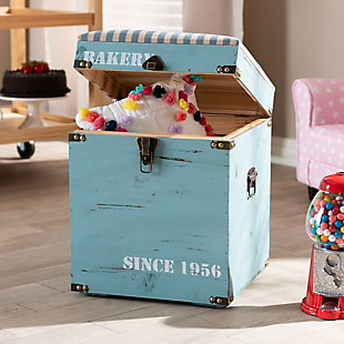 Give your space a dose of shabby chic charm with this storage ottoman. The seat, upholstered in a sweet bakery graphic fabric, can be flipped up to reveal a spacious inner storage compartment. Modeled after antique storage trunks, this ottoman is accented with brass-tone metal handles, an imitation lock, as well as a vintage-inspired inscription.Made of engineered wood | Light blue distressed finish | Polyester fabric upholstery | No assembly required