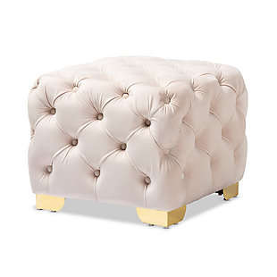 Raise your standard of living with this ottoman upholstered in a soft, sumptuous velvet fabric. Reserved exclusively for those with a penchant for high-glam home decor, this ultra-chic ottoman is dressed to impress with all over button tufting and lustrous goldtone-finished metal legs that simply works. Easy-on-the-eyes and alluring to the touch, this decidedly elegantly and versatile ottoman can be used as a coffee table, footstool or as extra seating for guests.Engineered wood frame | Light beige velvet upholstery | No assembly required