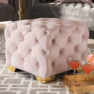 Raise your standard of living with this ottoman upholstered in a soft, sumptuous velvet fabric. Reserved exclusively for those with a penchant for high-glam home decor, this ultra-chic ottoman is dressed to impress with all over button tufting and lustrous goldtone-finished metal legs that simply works. Easy-on-the-eyes and alluring to the touch, this decidedly elegantly and versatile ottoman can be used as a coffee table, footstool or as extra seating for guests.Engineered wood frame | Light pink velvet upholstery | No assembly required