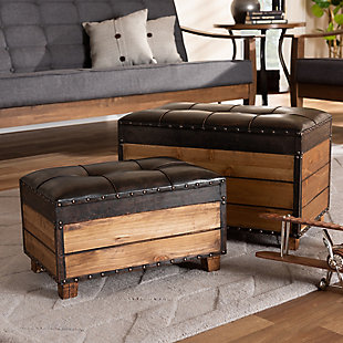 Rustic flair and versatility make this storage ottoman set a cool addition to any space. Featuring one large ottoman and one small ottoman, each piece is constructed from natural finished wood planks evoking a charming cabin feel. The top of each ottoman, upholstered in distressed faux leather, can be flipped up to reveal a spacious inner storage compartment. Combining elements of both rustic and refined style, this set displays biscuit tufting on the seat, as well as nailhead trim. Tapered legs complete the look.Set of 2 | Made of engineered wood in a natural finish | Distressed dark brown faux leather upholstery | Antiqued bronze-tone nailhead trim | No assembly required