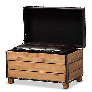 Rustic flair and versatility make this storage ottoman set a cool addition to any space. Featuring one large ottoman and one small ottoman, each piece is constructed from natural finished wood planks evoking a charming cabin feel. The top of each ottoman, upholstered in distressed faux leather, can be flipped up to reveal a spacious inner storage compartment. Combining elements of both rustic and refined style, this set displays biscuit tufting on the seat, as well as nailhead trim. Tapered legs complete the look.Set of 2 | Made of engineered wood in a natural finish | Distressed dark brown faux leather upholstery | Antiqued bronze-tone nailhead trim | No assembly required
