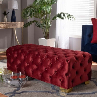 Baxton Studio Luxe Upholstered Gold Finished Bench Ottoman, Red, large