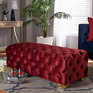 Baxton Studio Luxe Upholstered Gold Finished Bench Ottoman, Red, rollover