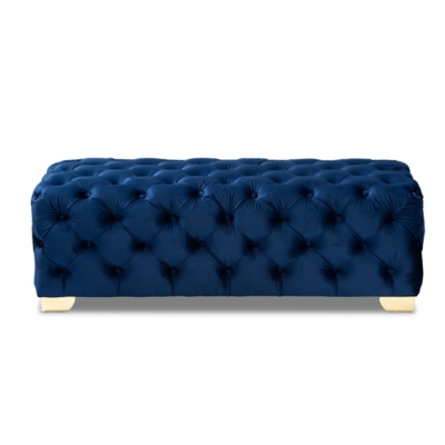 Baxton Studio Luxe Upholstered Gold Finished Bench Ottoman, Blue, large