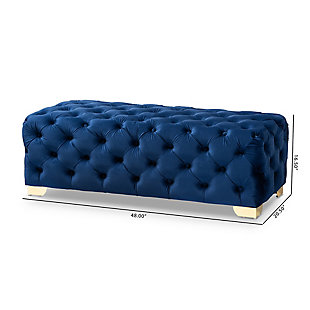 Raise your standard of living with this ottoman bench upholstered in a soft, sumptuous velvet fabric. Reserved exclusively for those with a penchant for high-glam home decor, this ultra-chic bench is dressed to impress with all-over button tufting and lustrous goldtone finished metal feet that simply work. Easy on the eyes and alluring to the touch, this decidedly elegant and versatile bench can be placed anywhere from the entryway to the foot of the bed.Engineered wood frame | Metal feet | Royal blue velvet upholstery | No assembly required