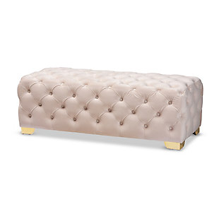 Raise your standard of living with this ottoman bench upholstered in a soft, sumptuous velvet fabric. Reserved exclusively for those with a penchant for high-glam home decor, this ultra-chic bench is dressed to impress with all-over button tufting and lustrous goldtone finished metal feet that simply work. Easy on the eyes and alluring to the touch, this decidedly elegant and versatile bench can be placed anywhere from the entryway to the foot of the bed.Engineered wood frame | Metal feet | Light beige velvet upholstery | No assembly required