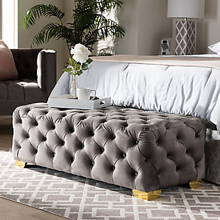 Baxton Studio Luxe Upholstered Gold Finished Bench Ottoman, Gray, rollover