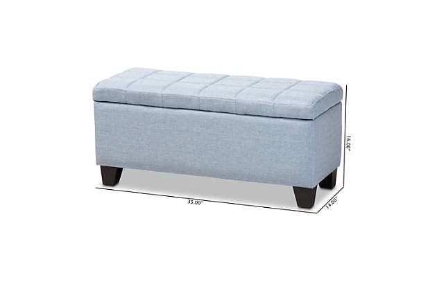 This modern ottoman displays a simple, streamlined design that makes it complementary to a wide range of decor styles. Upholstered in a soft blue fabric, the lid is foam padded and biscuit tufted to provide the utmost comfort. The ottoman features a large compartment under the lid, providing space to store extra blankets and pillows. Finished wood feet complete the look. Versatile enough to use as both seating and storage in the entryway, living room or bedroom.Light blue polyester upholstery | Lift-top storage compartment | Wood feet with black finish | Assembly required