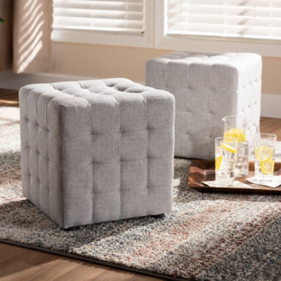 Baxton Studio Contemporary Tufted Cube Ottoman Set, Light Gray, rollover