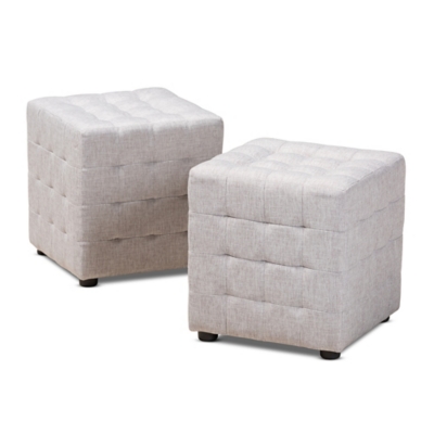 Baxton Studio Contemporary Tufted Cube Ottoman Set, Light Gray, large