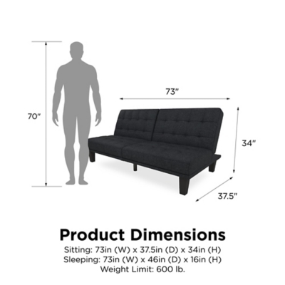 Enjoy a new seating experience with this futon lounger. This revolutionary futon is destined to become everyone’s favorite spot in the living room, for both its good looks and its cozy comfort. The well-made details are evident in the refined tufted detail on the plush backrest and the cushioned upholstery. With its split back design you can easily recline the backrest individually to lounging or sleeping positions, all in just one push and pull. You can also lift one side to create a double lounger. Ideal for small space living, home offices, small family rooms, studio apartments or college dorm rooms. This compact, stylish and ultra-comfy piece is just what you need for your home sweet home.Made of wood, linen and foam | Contemporary low seating design with tufted detailing. | Multi-functional piece ideal for small living spaces. Split back design provides multiple positions of comfort. Quickly converts from sofa to a full-size bed. | Padding under the feet to protect your floors from scuffs and scratches. | Ships in one box. Assembles quickly.available in multiple colors and finishes.