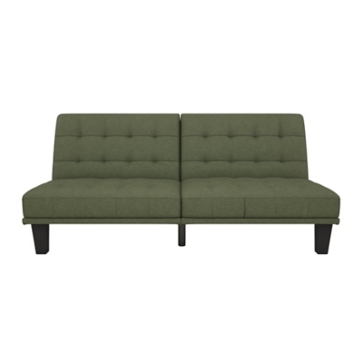 Enjoy a new seating experience with this futon lounger. This revolutionary futon is destined to become everyone’s favorite spot in the living room, for both its good looks and its cozy comfort. The well-made details are evident in the refined tufted detail on the plush backrest and the cushioned upholstery. With its split back design you can easily recline the backrest individually to lounging or sleeping positions, all in just one push and pull. You can also lift one side to create a double lounger. Ideal for small space living, home offices, small family rooms, studio apartments or college dorm rooms. This compact, stylish and ultra-comfy piece is just what you need for your home sweet home.Made of wood, linen and foam | Contemporary low seating design with tufted detailing. | Multi-functional piece ideal for small living spaces. Split back design provides multiple positions of comfort. Quickly converts from sofa to a full-size bed. | Padding under the feet to protect your floors from scuffs and scratches. | Ships in one box. Assembles quickly.available in multiple colors and finishes.