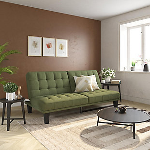 Enjoy a new seating experience with this futon lounger. This revolutionary futon is destined to become everyone’s favorite spot in the living room, for both its good looks and its cozy comfort. The well-made details are evident in the refined tufted detail on the plush backrest and the cushioned upholstery. With its split back design you can easily recline the backrest individually to lounging or sleeping positions, all in just one push and pull. You can also lift one side to create a double lounger. Ideal for small space living, home offices, small family rooms, studio apartments or college dorm rooms. This compact, stylish and ultra-comfy piece is just what you need for your home sweet home.Made of wood, linen and foam | Contemporary low seating design with tufted detailing. | Multi-functional piece ideal for small living spaces. Split back design provides multiple positions of comfort. Quickly converts from sofa to a full-size bed. | Padding under the feet to protect your floors from scuffs and scratches. | Ships in one box. Assembles quickly.available in multiple colors and finishes.