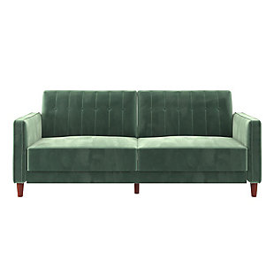 Nothing speaks of style and comfort quite like this delightful futon. This futon sleeper features a fresh spin on vintage style with lux velvet upholstery, adorned with vertical channel stitching and button tufted details. Thick cushioning and padded armrests ensure utmost comfort no matter how you prefer to lounge. Simply recline the back cushions to the perfect position for sitting, lounging or sleeping. This versatile sleeper futon is ideal for today's multi-purpose living spaces.Made of engineered wood, fabric, foam and velvet | Vintage design with a soft velvet upholstery, tapered wooden legs, and vertical stitching with button tufted design on back cushions. | Multi-functional piece ideal for small living spaces with split back design for multiple positions and padded arm rests to provide extra seating comfort. | Padding under the feet to protect your floors from scuffs and scratches. | Quick and easy assembly. Ships in one box.