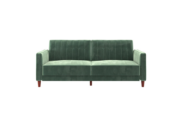 Nothing speaks of style and comfort quite like this delightful futon. This futon sleeper features a fresh spin on vintage style with lux velvet upholstery, adorned with vertical channel stitching and button tufted details. Thick cushioning and padded armrests ensure utmost comfort no matter how you prefer to lounge. Simply recline the back cushions to the perfect position for sitting, lounging or sleeping. This versatile sleeper futon is ideal for today's multi-purpose living spaces.Made of engineered wood, fabric, foam and velvet | Vintage design with a soft velvet upholstery, tapered wooden legs, and vertical stitching with button tufted design on back cushions. | Multi-functional piece ideal for small living spaces with split back design for multiple positions and padded arm rests to provide extra seating comfort. | Padding under the feet to protect your floors from scuffs and scratches. | Quick and easy assembly. Ships in one box.