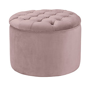 Fit for royalty, the Queen storage ottoman is sure to raise your standard of living. Crafted for form and function, this chic little seat/footrest is topped with a button-tufted lid that reveals a handy storage compartment, perfect for quick cleanups.Sumptuous upholstery | Removable button-tufted top reveals storage compartment | Solid wood frame provides strong support | Can be used as footrest or ottoman | Ships assembled