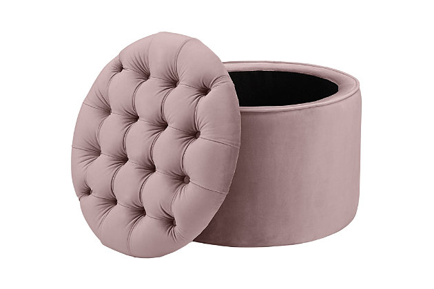 Fit for royalty, the Queen storage ottoman is sure to raise your standard of living. Crafted for form and function, this chic little seat/footrest is topped with a button-tufted lid that reveals a handy storage compartment, perfect for quick cleanups.Sumptuous upholstery | Removable button-tufted top reveals storage compartment | Solid wood frame provides strong support | Can be used as footrest or ottoman | Ships assembled