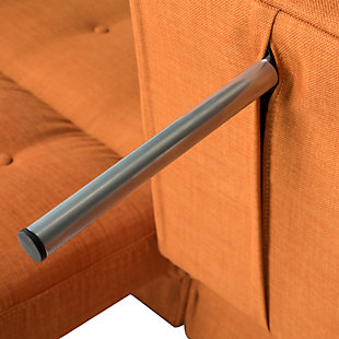 Add a pop of color to any room with this contemporary loveseat that instantly transforms into a foldable sofa bed. With sleek metal legs and a sturdy wood frame, it makes the perfect addition to any bedroom, living room or spare room, offering a practical solution for overnight guests. Whether it's used for sleeping, watching television, reading or simply lounging around, this futon is a designer favorite for mod city interiors.Made of eucalyptus wood, foam, polyester and metal | Orange polyester upholstery | Tufted back and seat cushions | Sleek metal legs with silvertone finish | Solid foam fill | Converts easily from loveseat to sofa bed | Weight capacity 550 pounds | Assembly required