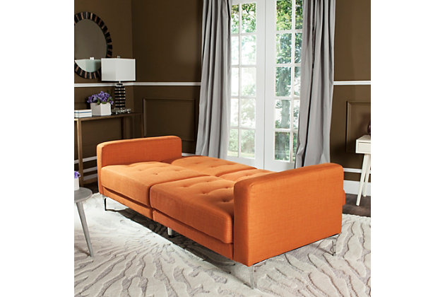 Add a pop of color to any room with this contemporary loveseat that instantly transforms into a foldable sofa bed. With sleek metal legs and a sturdy wood frame, it makes the perfect addition to any bedroom, living room or spare room, offering a practical solution for overnight guests. Whether it's used for sleeping, watching television, reading or simply lounging around, this futon is a designer favorite for mod city interiors.Made of eucalyptus wood, foam, polyester and metal | Orange polyester upholstery | Tufted back and seat cushions | Sleek metal legs with silvertone finish | Solid foam fill | Converts easily from loveseat to sofa bed | Weight capacity 550 pounds | Assembly required