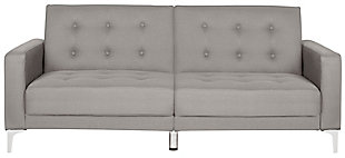Add style and function to any room with this mid-century modern inspired classic loveseat that instantly transforms into a foldable sofa bed. With sleek metal legs and a sturdy wood frame, it makes the perfect addition to any bedroom, living room or spare room, offering a practical solution for overnight guests. Whether it's used for sleeping, watching television, reading or simply lounging around, this futon is a designer favorite.Made of eucalyptus wood, foam, polyester and metal | Gray polyester upholstery | Tufted back and seat cushions | Sleek metal legs with silvertone finish | Solid foam fill | Converts easily from loveseat to sofa bed | Weight capacity 550 pounds | Assembly required