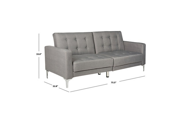 Add style and function to any room with this mid-century modern inspired classic loveseat that instantly transforms into a foldable sofa bed. With sleek metal legs and a sturdy wood frame, it makes the perfect addition to any bedroom, living room or spare room, offering a practical solution for overnight guests. Whether it's used for sleeping, watching television, reading or simply lounging around, this futon is a designer favorite.Made of eucalyptus wood, foam, polyester and metal | Gray polyester upholstery | Tufted back and seat cushions | Sleek metal legs with silvertone finish | Solid foam fill | Converts easily from loveseat to sofa bed | Weight capacity 550 pounds | Assembly required