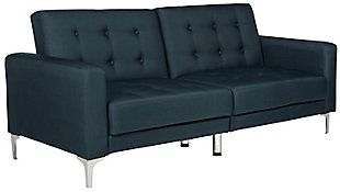Add style and function to any room with this mid-century modern inspired classic loveseat that instantly transforms into a foldable sofa bed. With sleek metal legs and a sturdy wood frame, it makes the perfect addition to any bedroom, living room or spare room, offering a practical solution for overnight guests. Whether it's used for sleeping, watching television, reading or simply lounging around, this futon is a designer favorite.Made of eucalyptus wood, foam, polyester and metal | Navy blue polyester upholstery | Tufted back and seat cushions | Sleek metal legs with silvertone finish | Solid foam fill | Converts easily from loveseat to sofa bed | Weight capacity 550 pounds | Assembly required