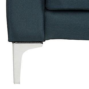 Add style and function to any room with this mid-century modern inspired classic loveseat that instantly transforms into a foldable sofa bed. With sleek metal legs and a sturdy wood frame, it makes the perfect addition to any bedroom, living room or spare room, offering a practical solution for overnight guests. Whether it's used for sleeping, watching television, reading or simply lounging around, this futon is a designer favorite.Made of eucalyptus wood, foam, polyester and metal | Navy blue polyester upholstery | Tufted back and seat cushions | Sleek metal legs with silvertone finish | Solid foam fill | Converts easily from loveseat to sofa bed | Weight capacity 550 pounds | Assembly required
