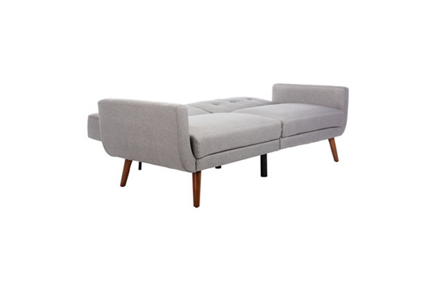 Make extra space for guests a stylish endeavor with this fun and fabulous futon bed. Hearkening to mid-century modern design sensibilities, this sofa bed delivers retro flair that enlivens decor while not in use as an extra bed. The foam fill and polyester fabric are cozy and inviting, while the durable wood legs bear up the foldable futon for years of use.Made of eucalyptus wood, polyester and foam | Light gray polyester upholstery | Tufted back cushions | Sturdy wood frame | Foam fill | Legs with brown finish | Weight capacity 220 pounds | Assembly required