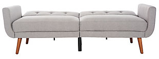 Make extra space for guests a stylish endeavor with this fun and fabulous futon bed. Hearkening to mid-century modern design sensibilities, this sofa bed delivers retro flair that enlivens decor while not in use as an extra bed. The foam fill and polyester fabric are cozy and inviting, while the durable wood legs bear up the foldable futon for years of use.Made of eucalyptus wood, polyester and foam | Light gray polyester upholstery | Tufted back cushions | Sturdy wood frame | Foam fill | Legs with brown finish | Weight capacity 220 pounds | Assembly required