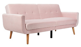 Make extra space for guests a stylish endeavor with this fun and fabulous futon bed. Hearkening to mid-century modern design sensibilities, this sofa bed delivers retro flair that enlivens decor while not in use as an extra bed. The foam fill and velvet fabric are cozy and inviting, while the durable wood legs bear up the foldable futon for years of use.Made of eucalyptus wood, polyester velvet and foam | Pink polyester velvet upholstery | Tufted back cushions | Sturdy wood frame | Foam fill | Legs with natural finish | Weight capacity 220 pounds | Assembly required
