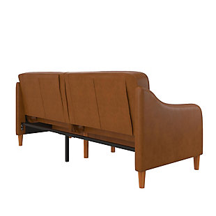 With this futon’s design, the classic sofa bed gets a stunning modern look with all the convenience of a sleeper. Wood legs add to the elegance, providing stability and structure, while the wing-shaped arms and rich linen upholstery add a touch of mid-century style that fits seamlessly with just about any decor. Guests will appreciate the independently encased coils and foam cushions, which work to provide the ultimate level of comfort. The split-back design comes with a multi-position backrest that converts to provide comfort in any occasion. With an easy push or pull, you can switch between a seated, lounging or sleeping position, and the backrests work independently to allow you to lie down while your partner watches television.Made of engineered wood, poplar and faux leather | Camel faux leather upholstery | Wood frame and legs | Split-back design with multiple positions | Assembly required