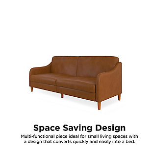 With this futon’s design, the classic sofa bed gets a stunning modern look with all the convenience of a sleeper. Wood legs add to the elegance, providing stability and structure, while the wing-shaped arms and rich linen upholstery add a touch of mid-century style that fits seamlessly with just about any decor. Guests will appreciate the independently encased coils and foam cushions, which work to provide the ultimate level of comfort. The split-back design comes with a multi-position backrest that converts to provide comfort in any occasion. With an easy push or pull, you can switch between a seated, lounging or sleeping position, and the backrests work independently to allow you to lie down while your partner watches television.Made of engineered wood, poplar and faux leather | Camel faux leather upholstery | Wood frame and legs | Split-back design with multiple positions | Assembly required