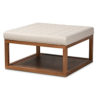 Baxton Studio Alvere Modern and Contemporary Beige Fabric Upholstered Walnut Finished Cocktail Ottoman, Brown/White, rollover