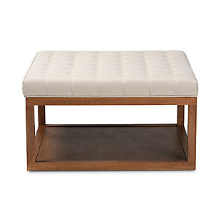 Baxton Studio Alvere Modern and Contemporary Beige Fabric Upholstered Walnut Finished Cocktail Ottoman, Brown/White, large