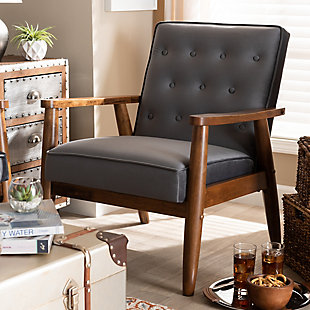 Baxton Studio Sorrento Mid-century Modern Gray Velvet Fabric Upholstered Walnut Finished Wooden Lounge Chair, Dark Gray, rollover