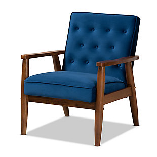 Baxton Studio Sorrento Mid-century Modern Navy Blue Velvet Fabric Upholstered Walnut Finished Wooden Lounge Chair, Blue, rollover